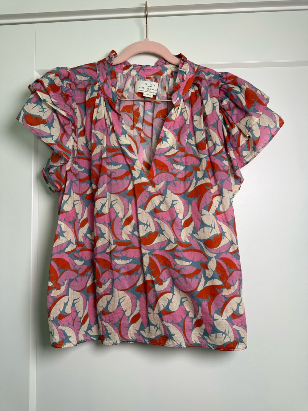 Women’s antTrovata Birds of Paradis Floral Ruffle Sleeve Cotton Blouse Sz Small
